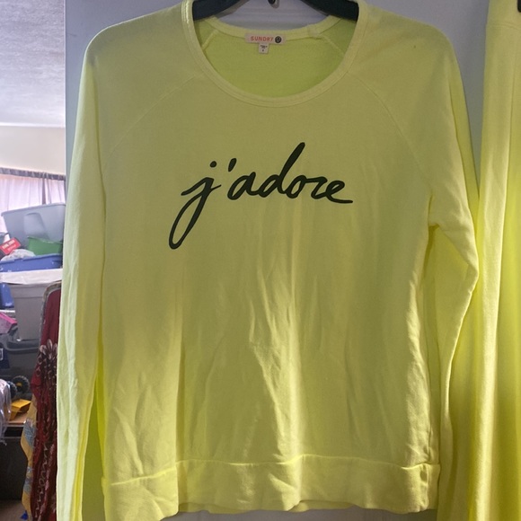 SUNDRY NWOT Neon Yellow J’adore Pullover and jogger set Size Small - Picture 2 of 4